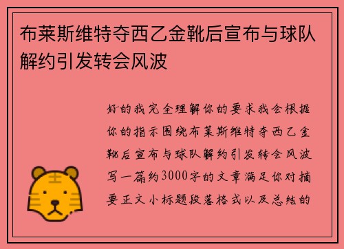 布莱斯维特夺西乙金靴后宣布与球队解约引发转会风波 布莱斯维特夺西乙金靴后宣布与球队解约引发转会风波